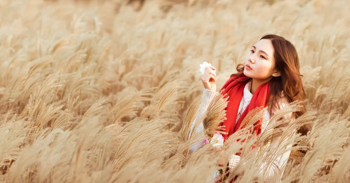 Woman sitting in a wheat field.